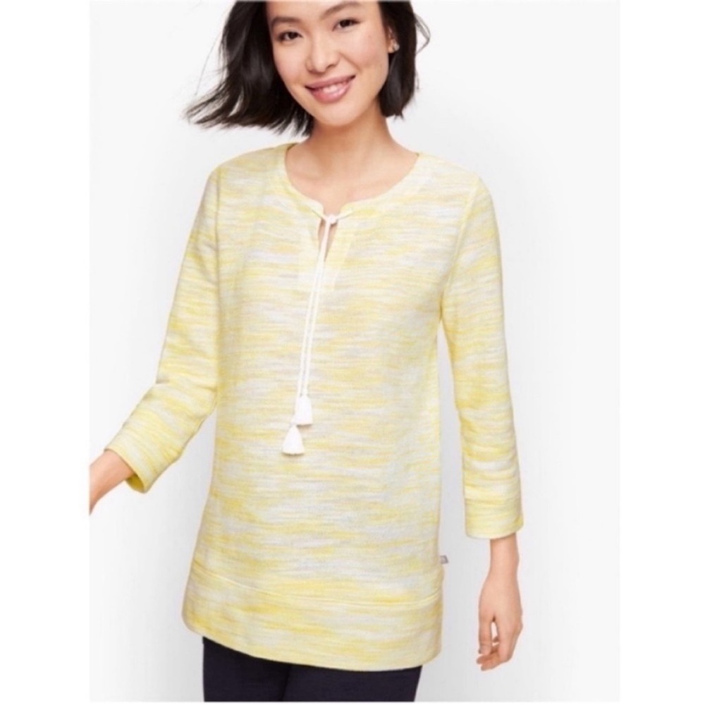 T by Talbots tunic shirt yellow pullover knit space dyed tassel tie